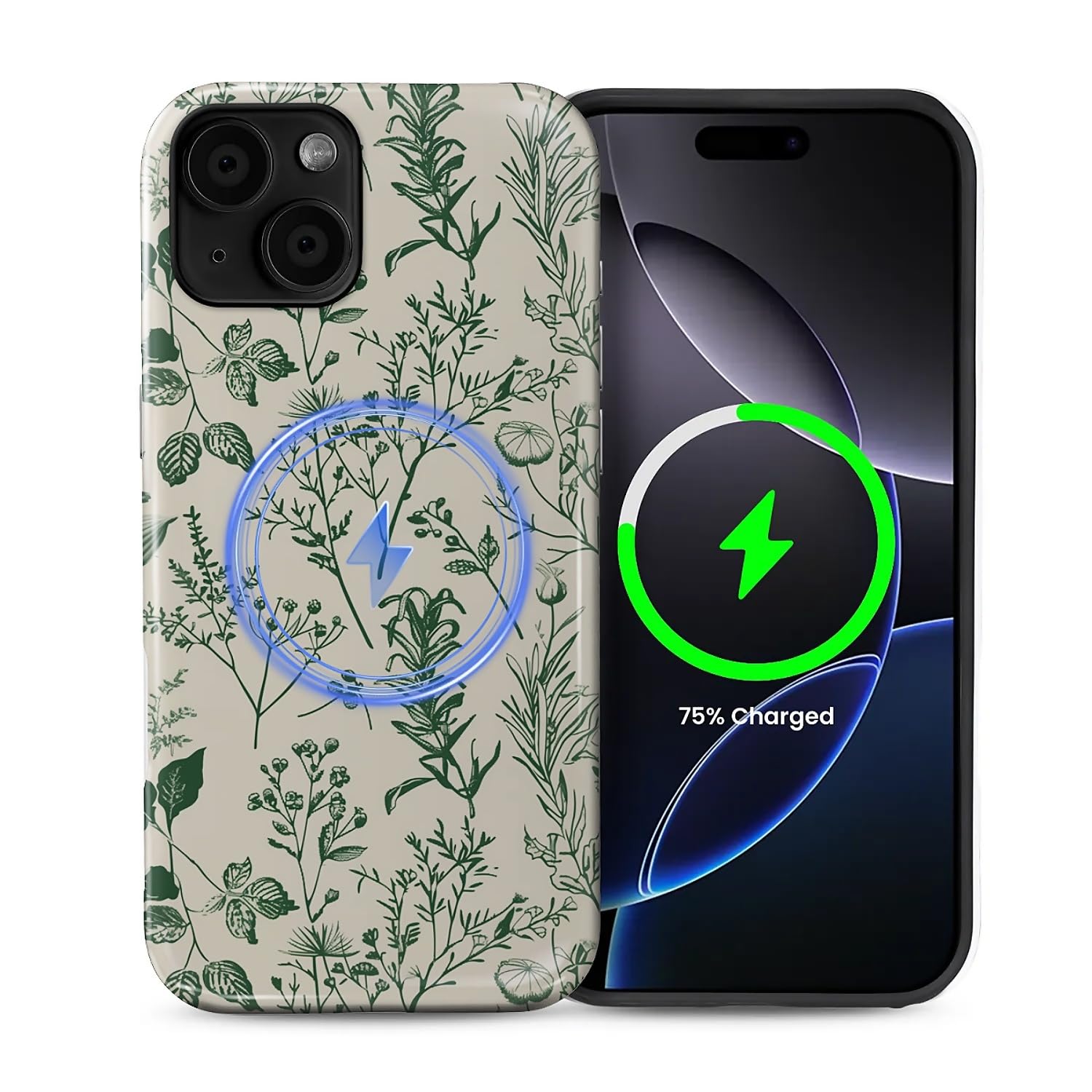 FKBRCL4U for iPhone 14 Case, Hybrid 2-Layer Silicone Protective Glossy Case for MagSafe for iPhone 14 Vintage Botanical Texture Leaves Flower Pattern