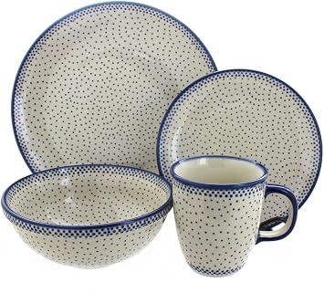 Blue Rose Polish Pottery - Blue Small Dots 16 Piece Dinner Set - 4 Place Settings - Great for Everyday Dining, Casual Dining, or as Formal Dinnerware