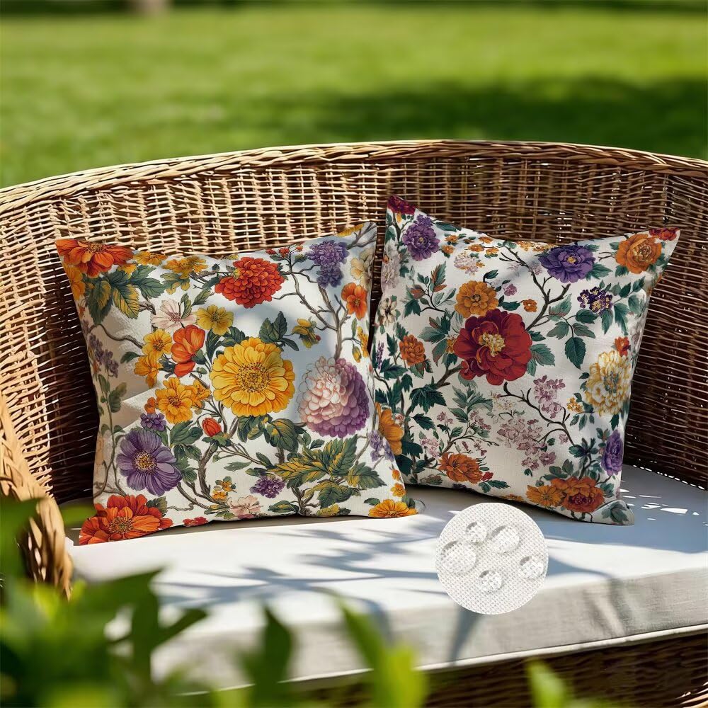 Outdoor Cushions Waterproof Spring Cushion Covers 35cm x 35cm Set of 2 Flower Garden Cushions Pastoral Cushion Cover Decorative Pillows Linen Throw Pillow Case for Couch Sofa Garden Furniture (IU191)