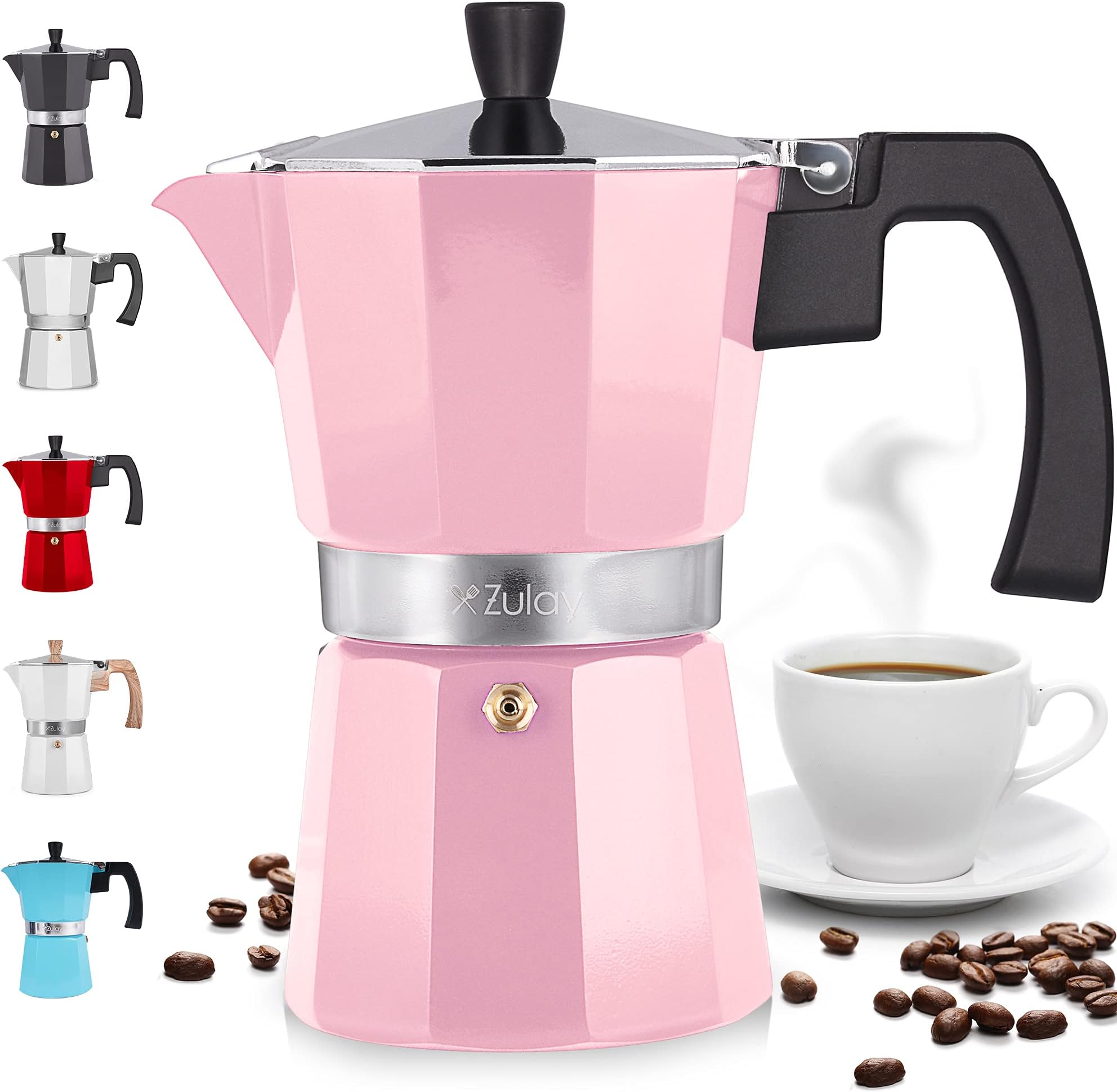 Zulay Classic Stovetop Espresso Maker for Great Flavored Strong Espresso, Classic Italian Style 3 Espresso Cup Moka Pot, Makes Delicious Coffee, Easy to Operate & Quick Cleanup Pot (Pink)
