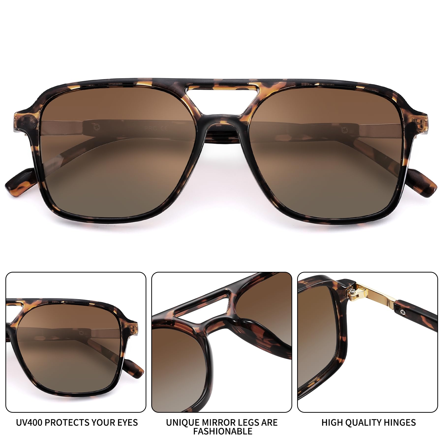 Lentes de sol polarizados retro de aviador para mujeres y hombres, lentes de sol cuadrados modernos, Lente A3 Leopardo/Marrón Gradiente + Lente Negra/Gris Gradiente 4