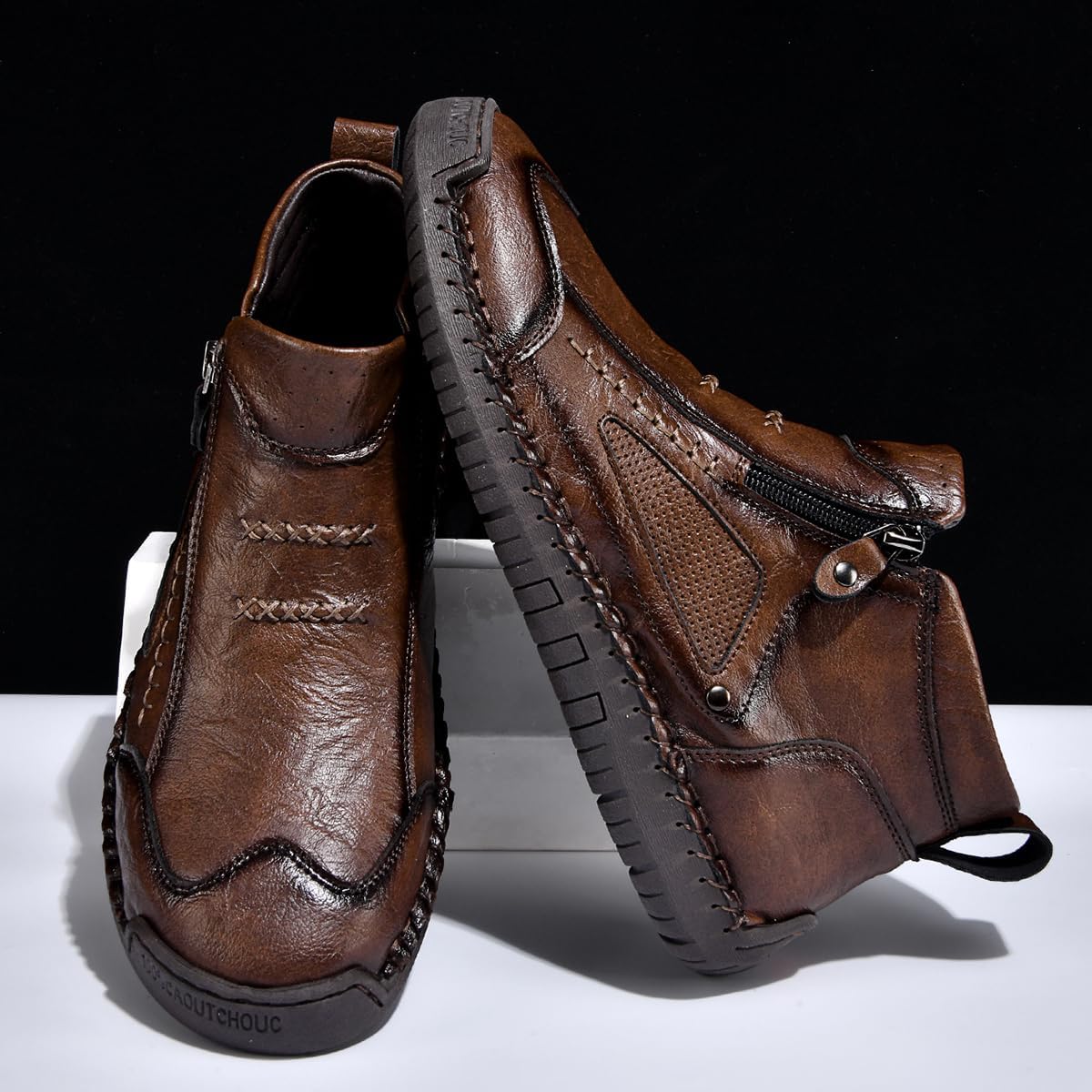 Men's High Top Loafers Shoes Fashion Handmade Side Zipper Slip On Orthopedic Leather Boots Casual Round Toe Anti-Slip Outdoor Hiking Walking Dress Chelsea Ankle Boots