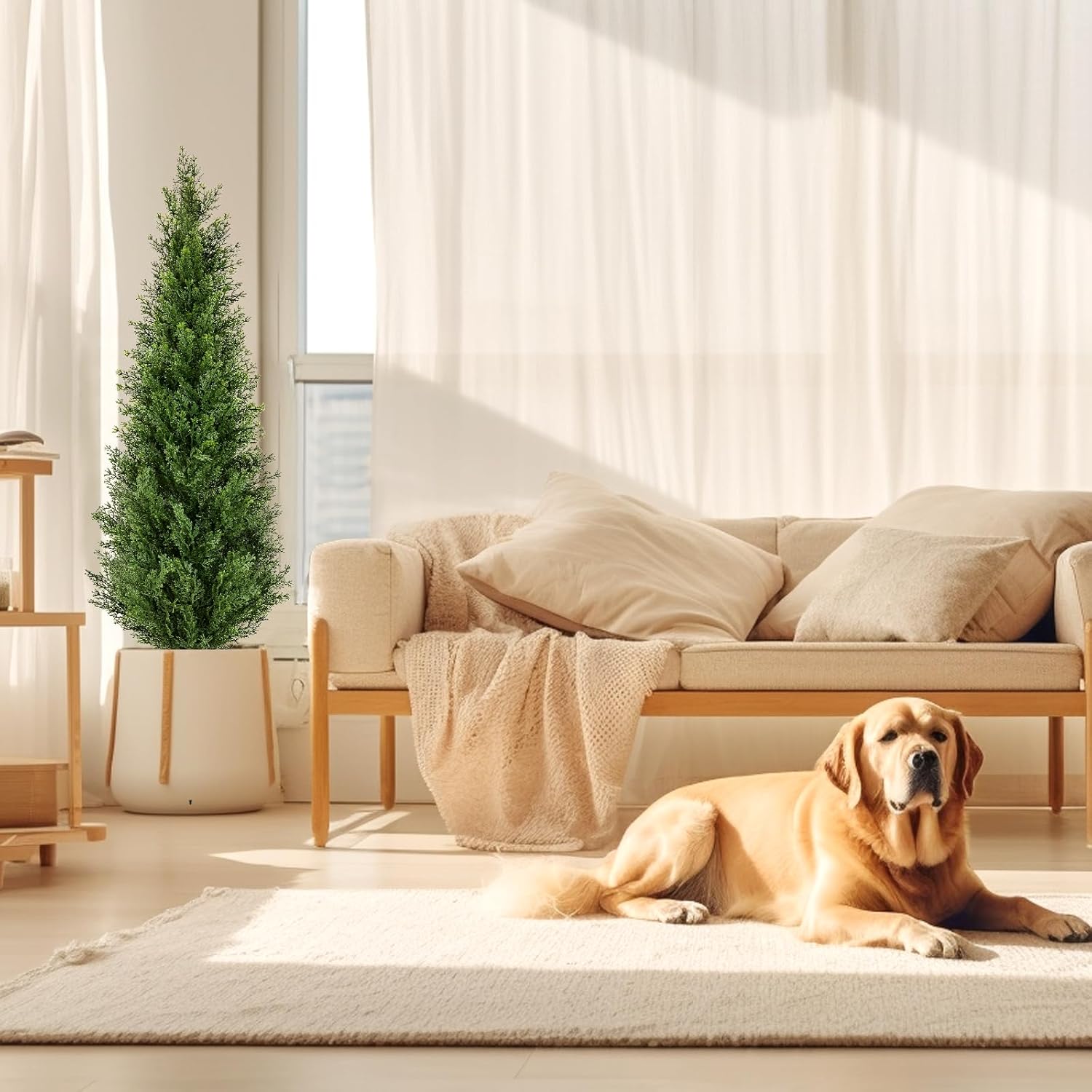 2 Pack 4ft Artificial Cedar Topiary Trees with Ground Spike, Realistic Fake Plants Tree UV Resistant Artificial Plants Indoor Outdoor Faux Plants Evergreen Bushes Shrubs for Porch Garden Office