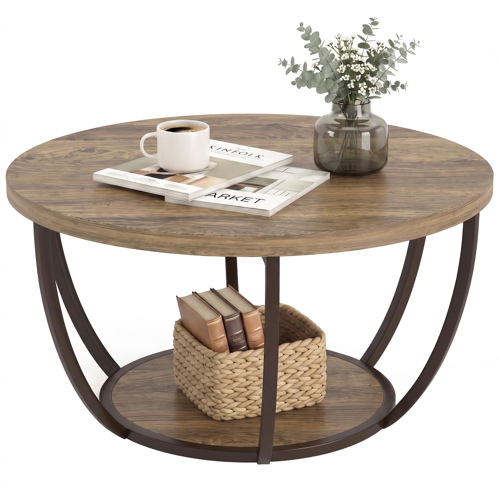 HOMCOM Couchtisch Rund mit Stauraum, 2 Ebenen, 80 x 80 x 43,8 cm Braun