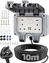 Outdoor Socket 10m Extension Lead 2 USB Ports Outdoor Double Socket Waterproof IP66 13Amp Weatherproof Outdoor Sockets Switch Indicator Light Wall Electrical Outlet Socket Box for Garden