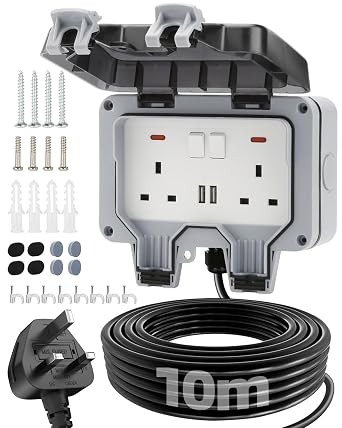 Outdoor Socket 10m Extension Lead 2 USB Ports Outdoor Double Socket Waterproof IP66 13Amp Weatherproof Outdoor Sockets Switch Indicator Light Wall Electrical Outlet Socket Box for Garden
