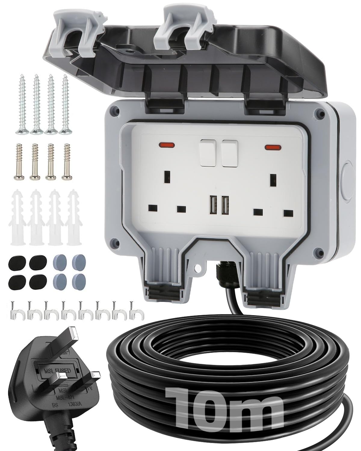 Olutula Outdoor Socket 10m Extension Lead 2 USB Ports Outdoor Double Socket Waterproof IP66 13Amp Weatherproof Outdoor Sockets Switch Indicator Light Wall Electrical Outlet Socket Box for Garden