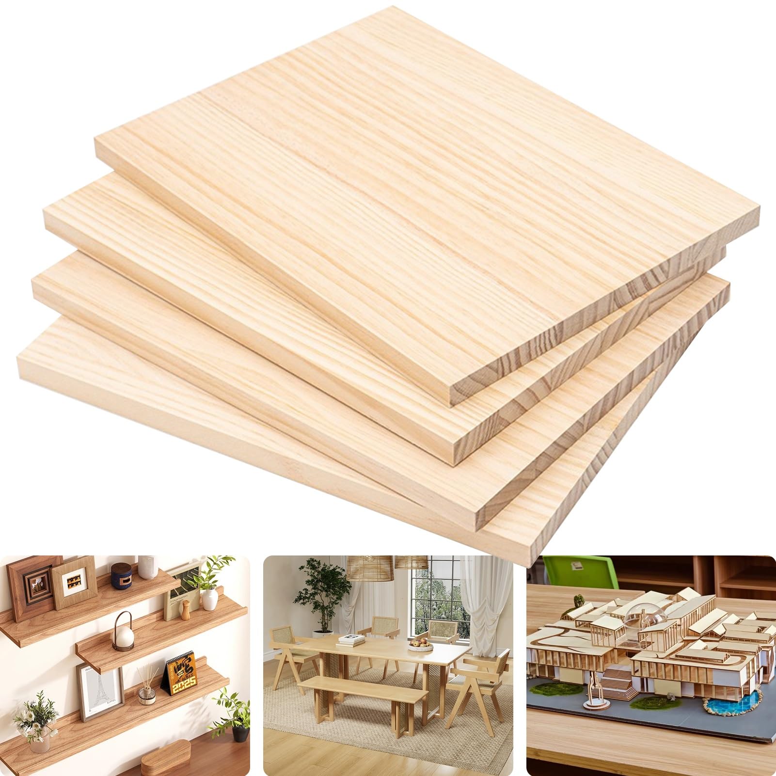 Holzbretter aus Hartholz, Packung mit 4 unbehandelten Kiefernholzbrettern in verschiedenen Größen(70x50 cm,1.2 cm)