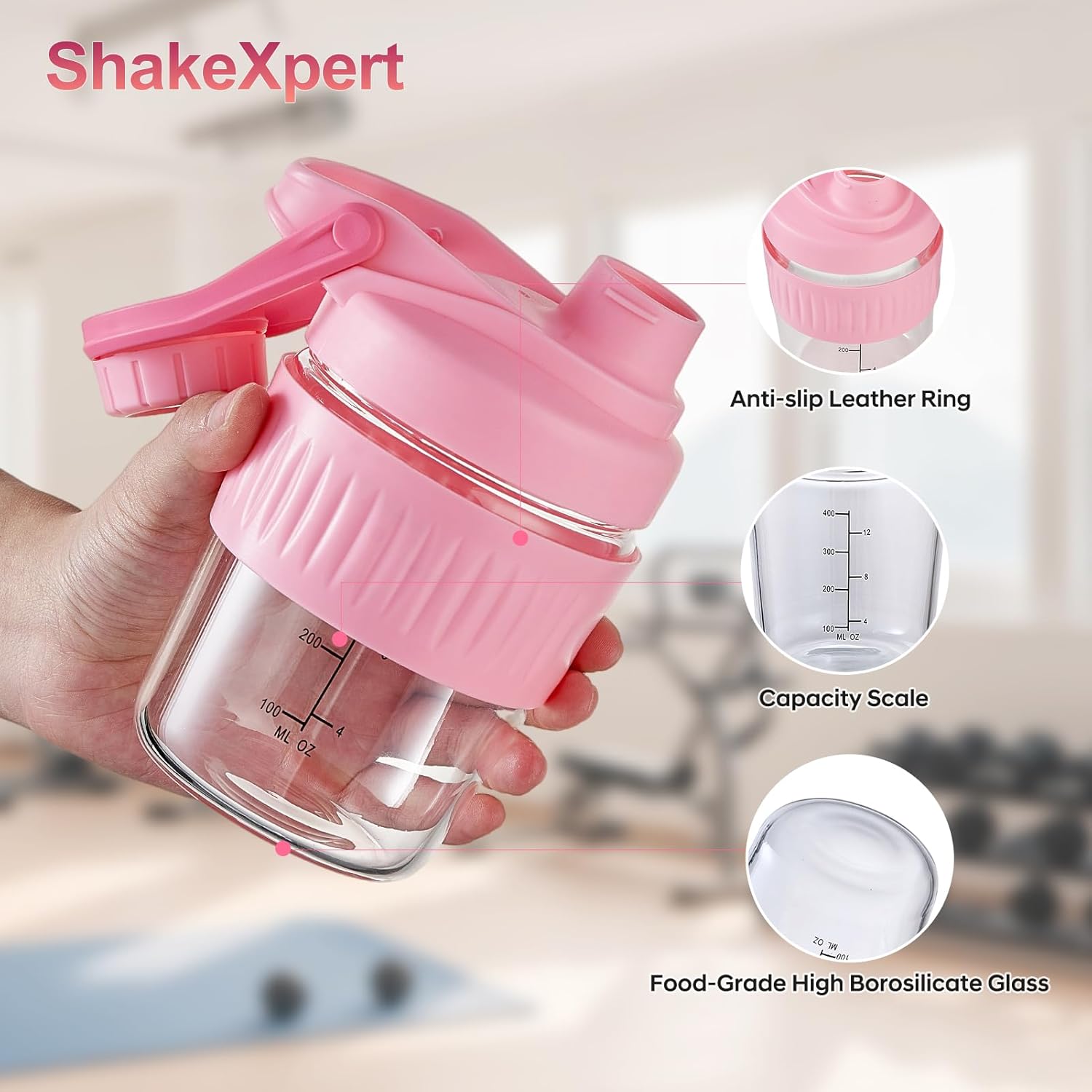 12oz Glass Drinking Bottles for Sports, 4 Pack Small Sports Leakproof Shaker Water Bottle Flask with Silicone Sleeve for Gym