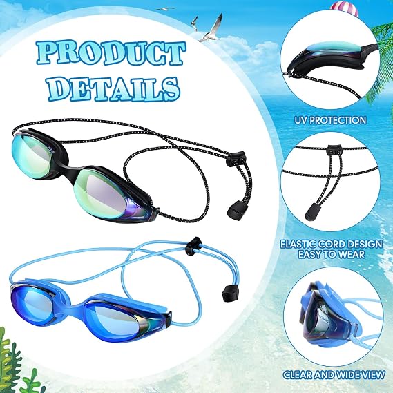 Tellegloww 2 Pcs Swim Goggles for Lap Bungee Strap Swimming Goggles Men Women Adult Clear Vision Anti UV Goggles