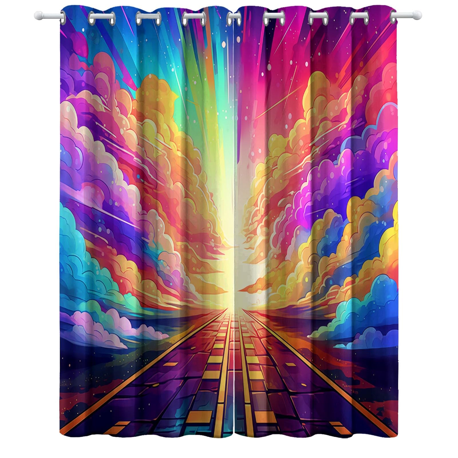 Couleur Rideau Occultant à Oeillets, Rêve Univers Nuages Route Rideaux Isolant Thermique Anti Bruit, Protection de la Vie Privée Décoration Rideau pour Chambre à Coucher 110 x 215 cm, 2 Pièces