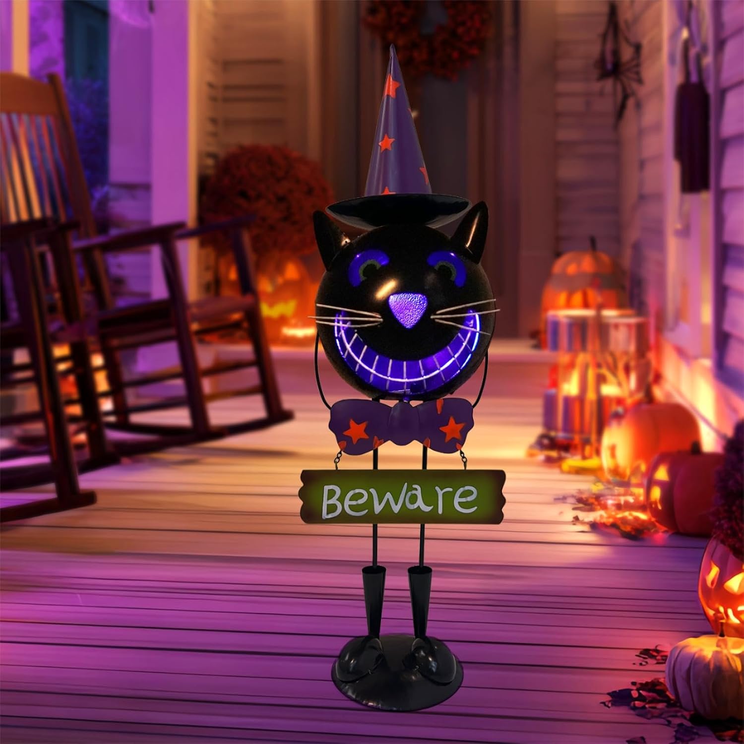 HONGLAND Solar Black Cat Outdoor Decorations - Cat Figurine with Witch Hat, 24 Inch Spooky Cat Decor with Color Change LED Lights