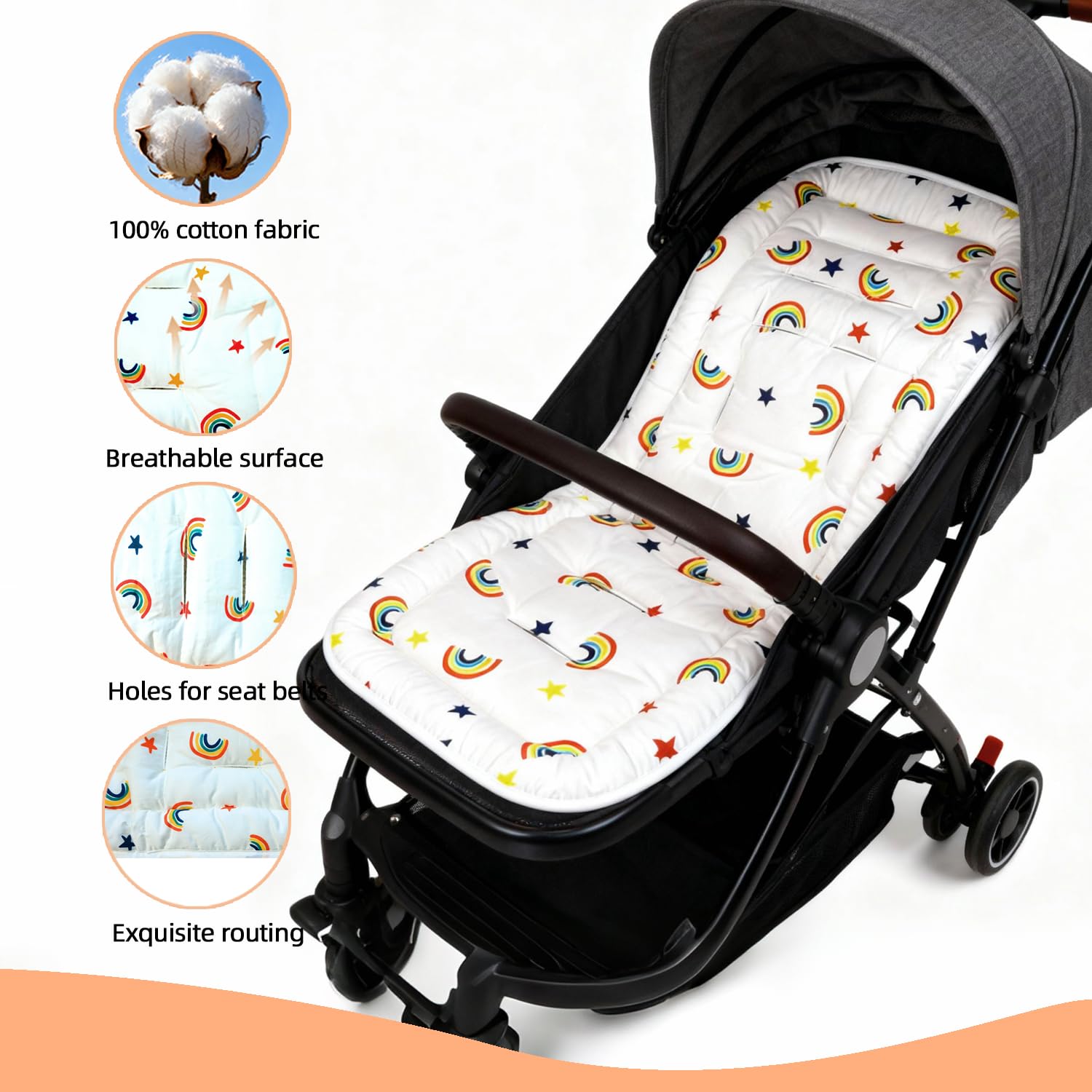 Universal Pushchair Pram Liner Cotton Baby Pushchair Seat Liners Double-Sided Use Baby Stroller Cushion Pad for Toddler Infant 78x34cm (Orange Blue Rainbow) - Image 4