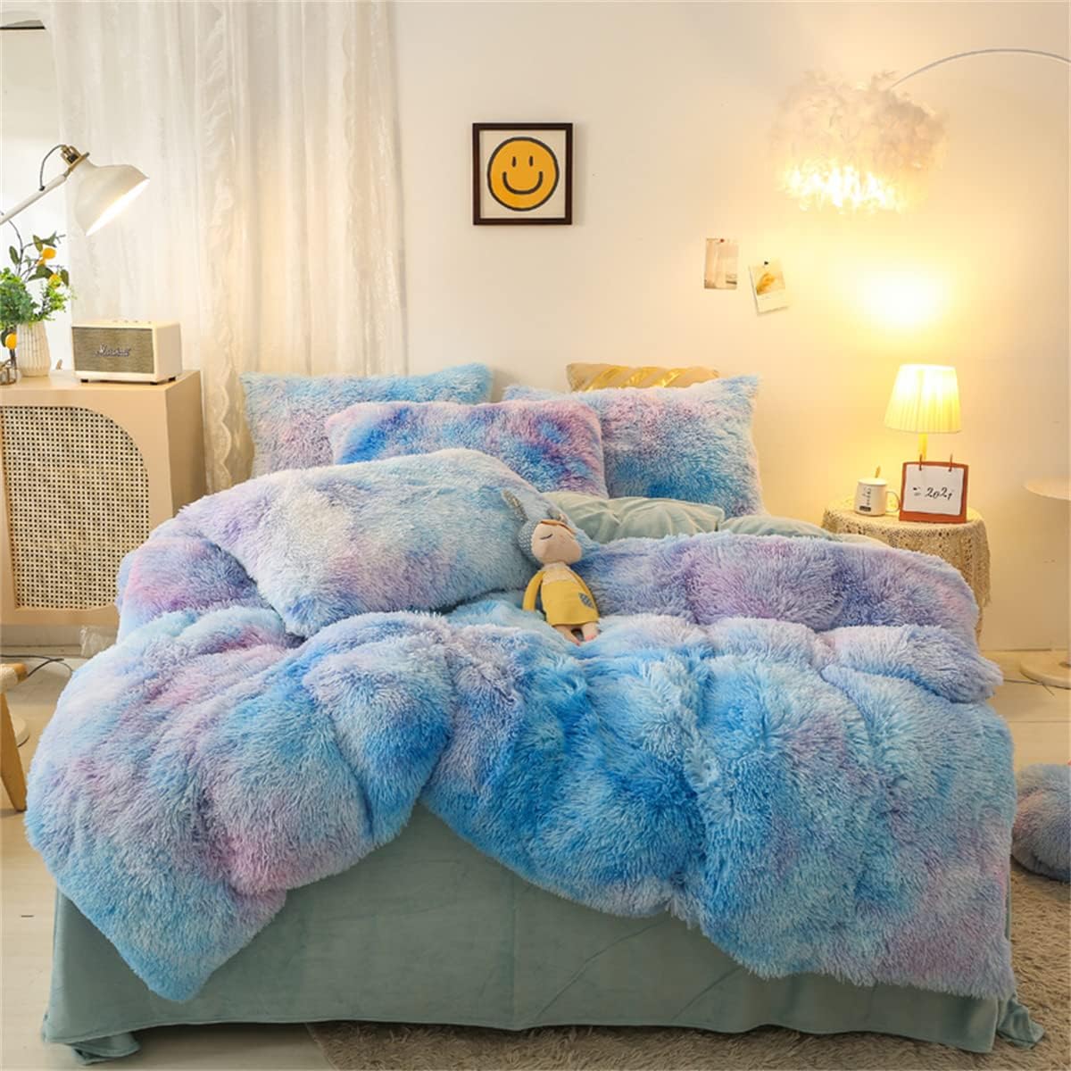 Shaggy Plush Duvet Cover Set Super Soft Fluffy Faux Fur Comforter Cover Set Luxury Fuzzy Bedding Set 3 Piece(1 Duvet Cover+2 Pillowcases) with Zipper Clusure(Galaxy Blue,Full Size)