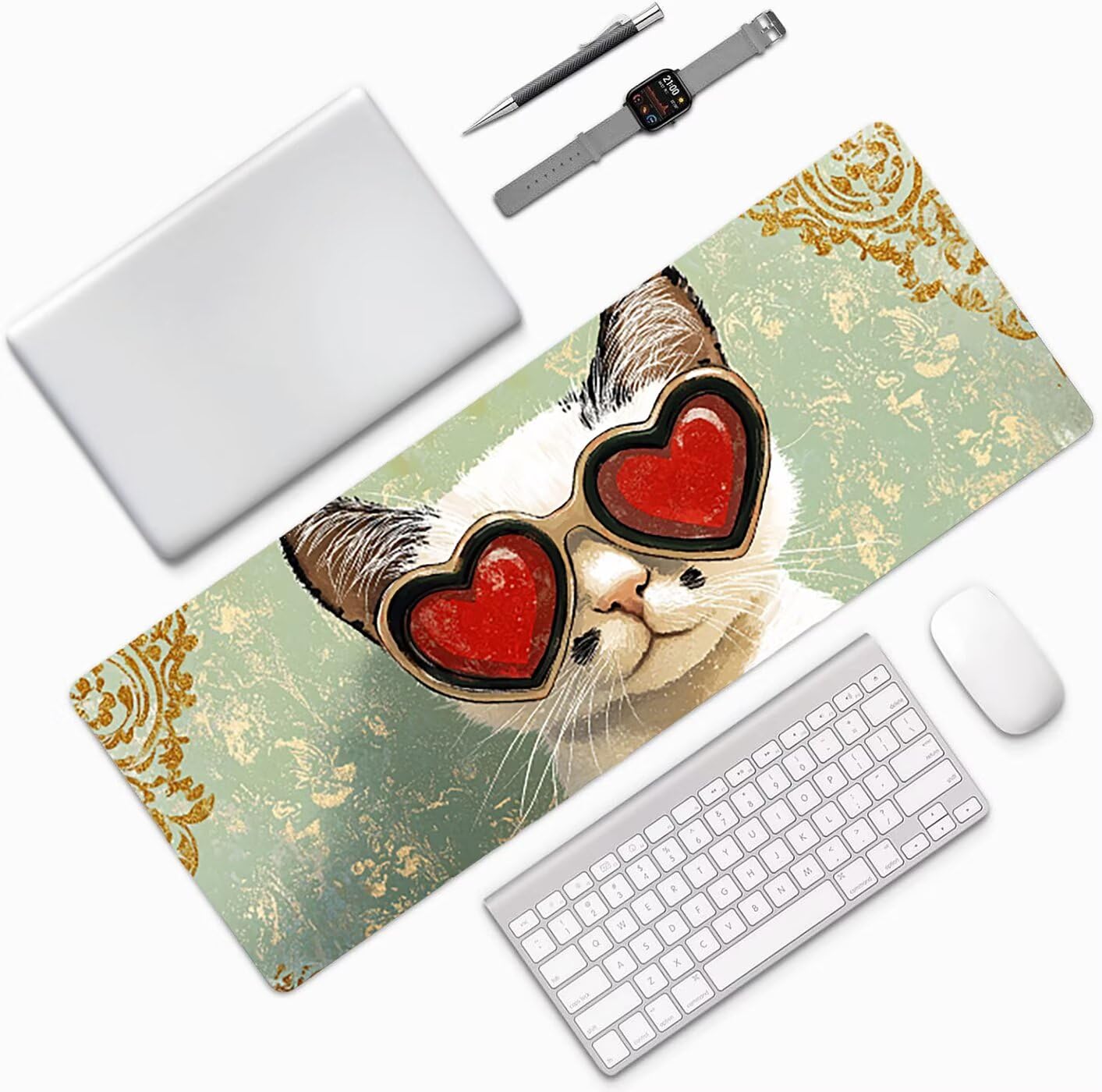 Lpfieonn Katze Großes Schreibtischunterlage, XXL Schreibtischunterlagen, Blau XXL Wasserdicht Gaming Mousepad mit Vernähter Rand und Rutschfeste Gummibasis, für Laptop/Hause/Büro 120x60cm PF-3551