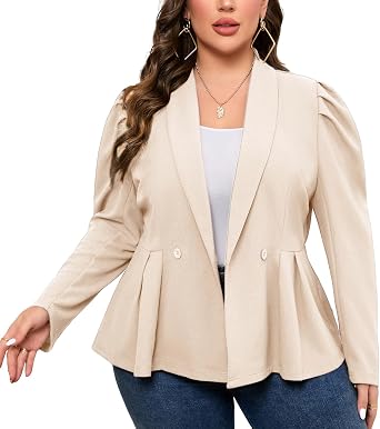 Womens Plus Size Peplum Blazers & Suit Jackets for Work Casual Long Sleeve | Shawl Lepal, Ruff Sleeve, Business Casual, Stratchy, Lightweight