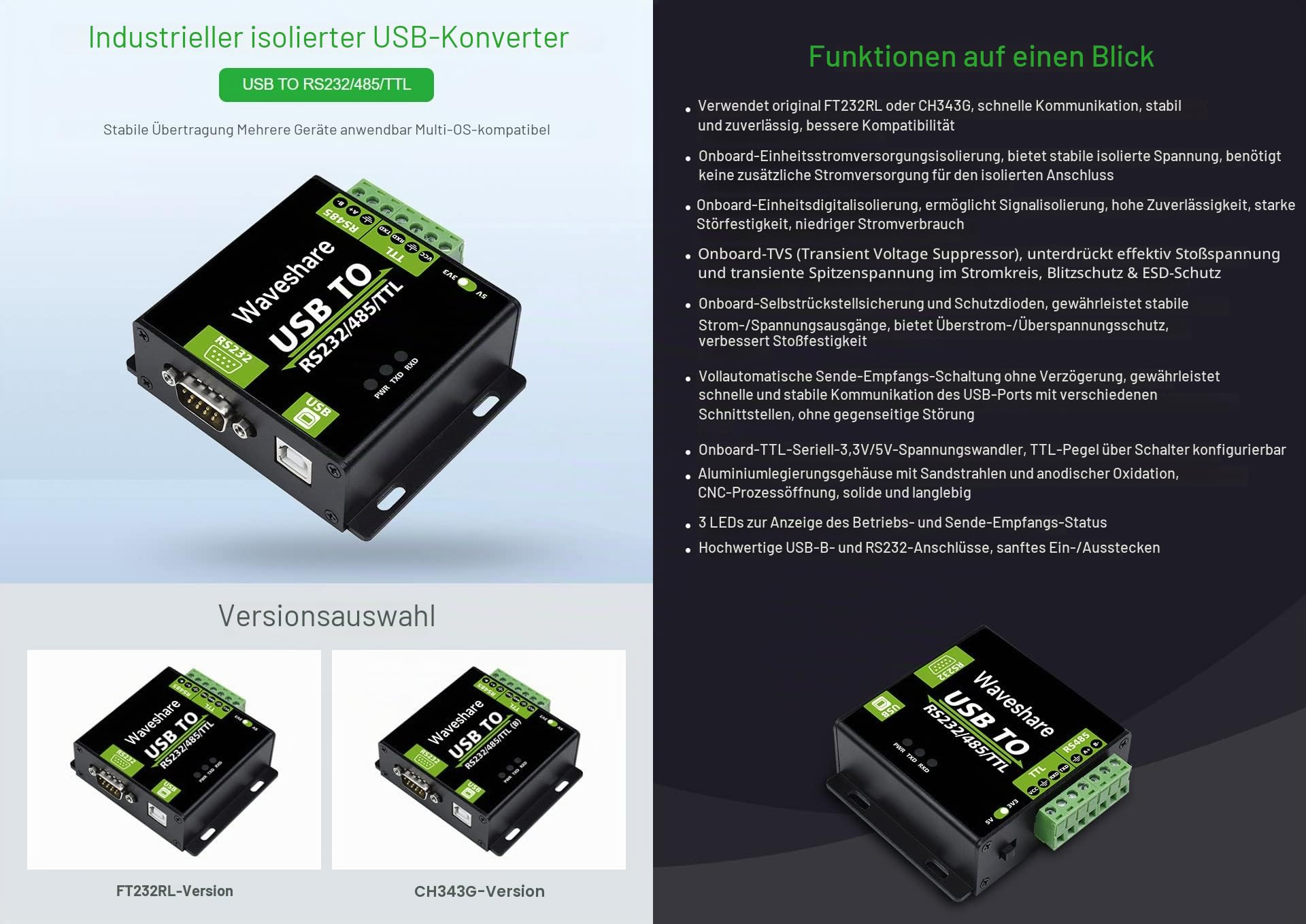 Waveshare CH343G USB to RS232/485/TTL Interface Industrial Isolated Converter Protection Circuits and Aluminium Alloy Enclosure for Industrial Control Equipments