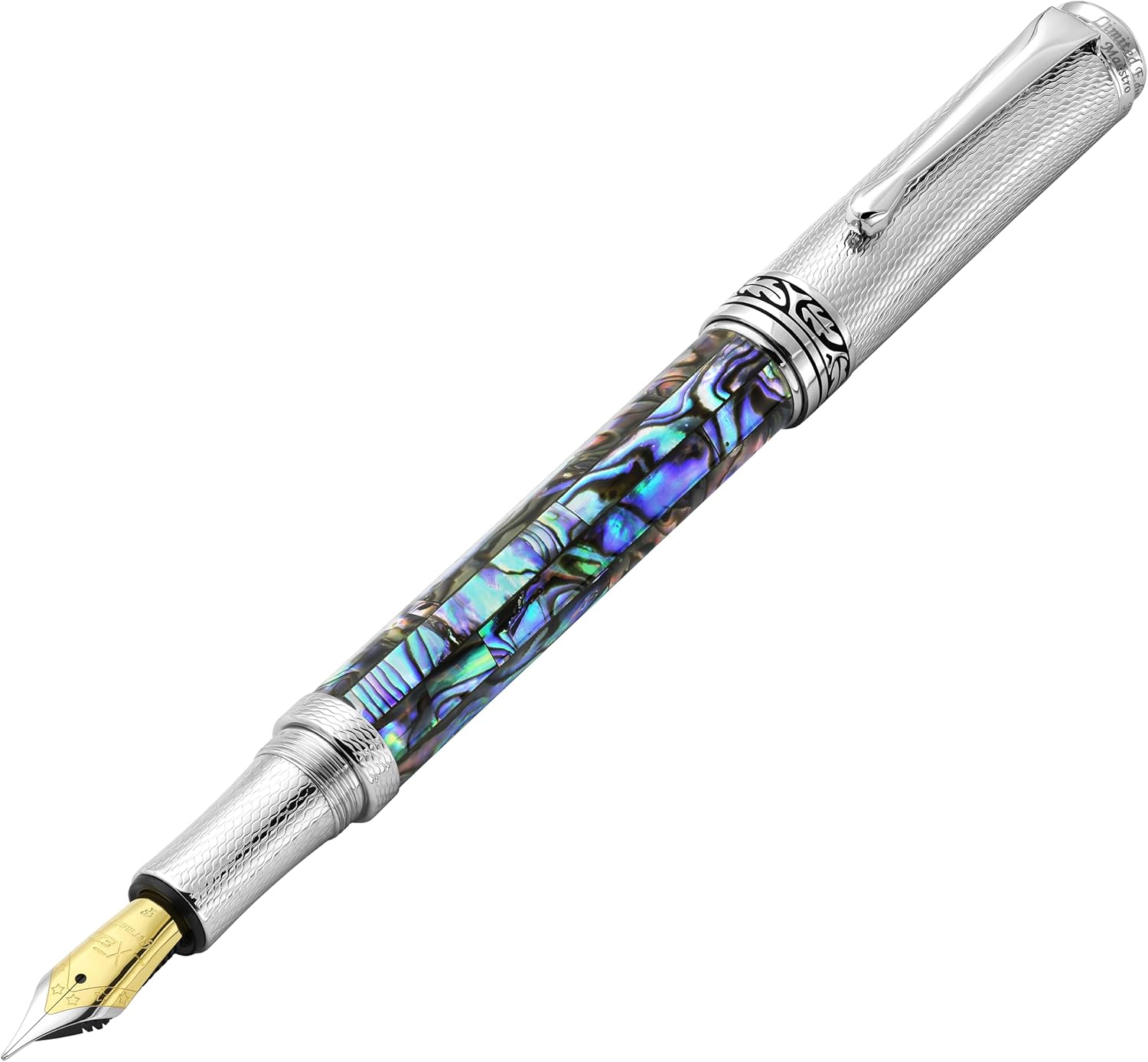 Xezo Maestro Fountain Pen, Fine Nib. Pāua Abalone Sea Shell Inlay with Chrome Plating. Handcrafted, Limited Edition, Serialized. No Two Pens Alike