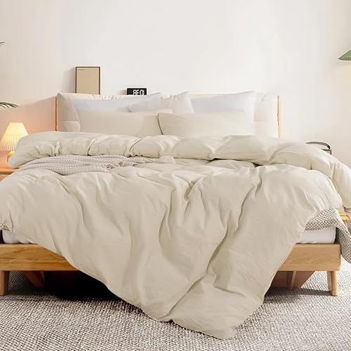 Miniatura 3 de NEXHOME PRO Juego de funda de edredón 100% algodón lavado, tamaño matrimonial, textura de lino orgánico natural, juego de ropa de cama de 3 piezas