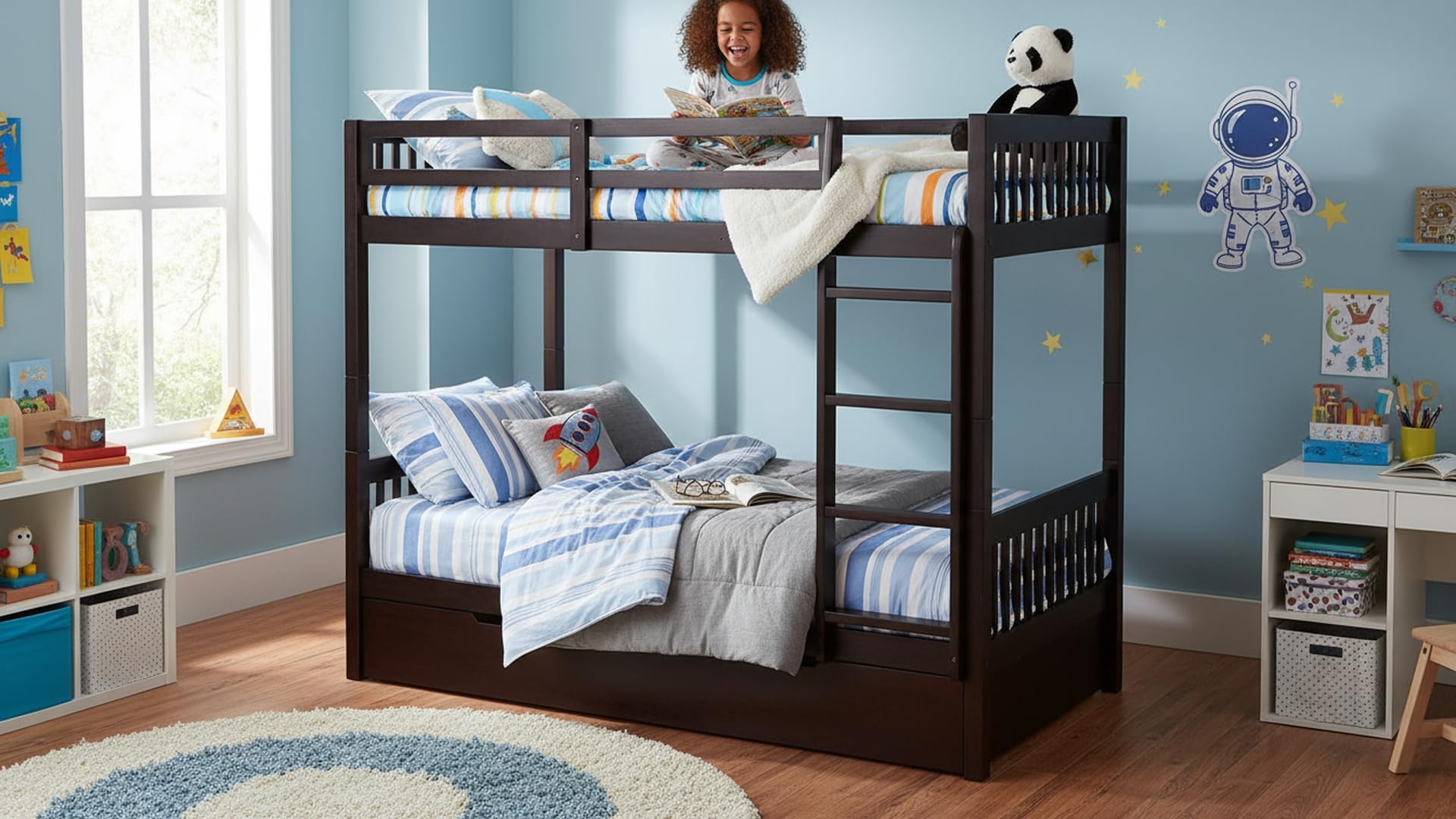 Moyer Solid Sheesham Wood Bunk Bed Without Storage| Wooden Twin Over Bed with Trundle Ladder for Kids’ Room Bedroom Living Room Home (Brown)