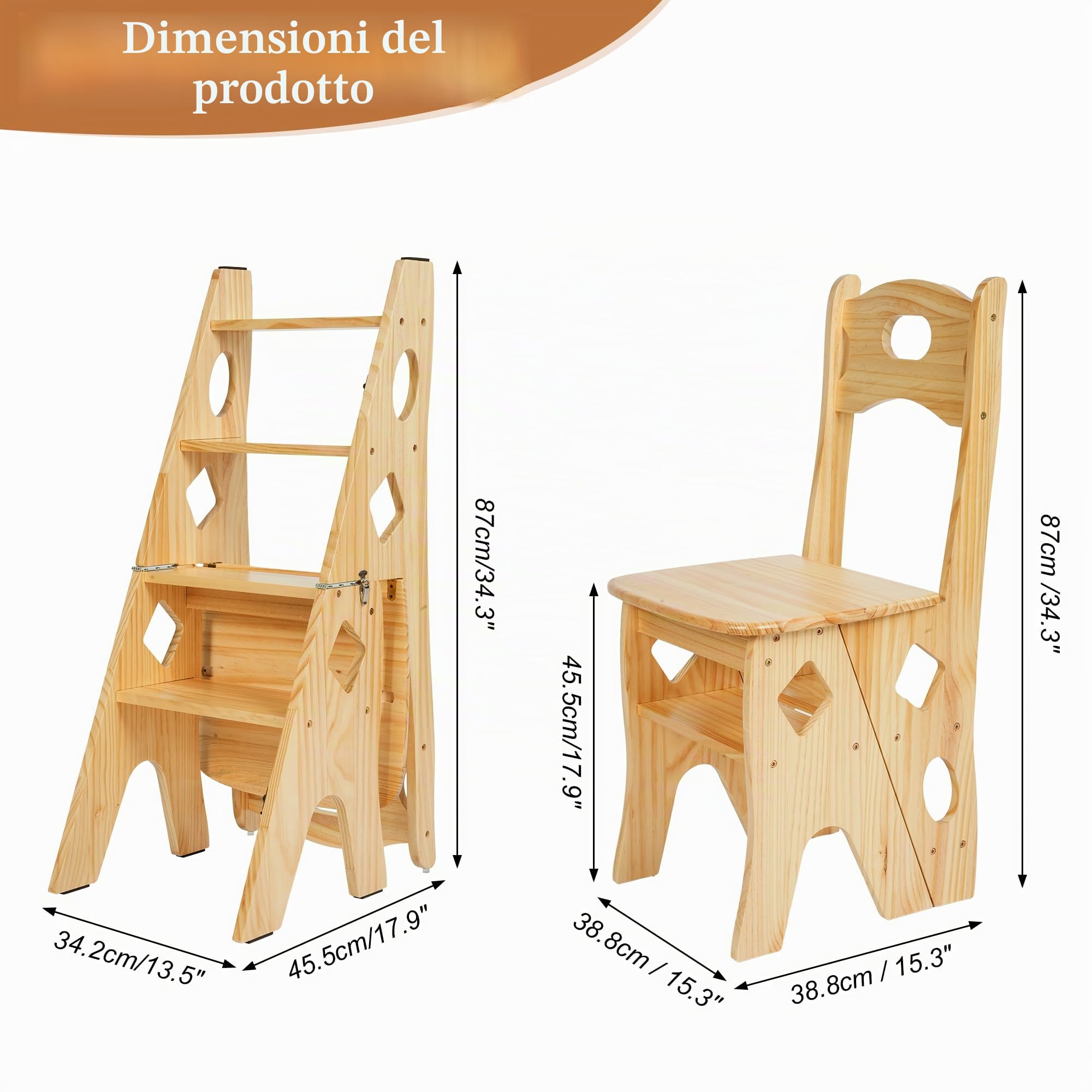 bimiti Sedia pieghevole da biblioteca, pieghevole in legno, 4 gradini, sedia pieghevole fino a 180 kg, supporto per fiori multifunzionale, sgabello per biblioteca