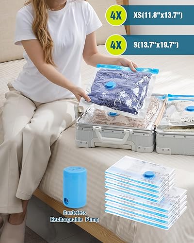 Miniatura 7 de Bolsas de sellado al vacío con bomba eléctrica recargable inalámbrica, para viajes, ahorro de espacio para ropa y maletas, 8 bolsas (4 chicas y 4