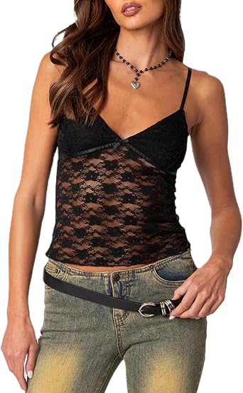 Women Sexy Lace Slim Fit Cami Top Low Cut Sheer Mesh Backless Spaghetti Strap Crop Tank Top Summer Y2K Going Out Top