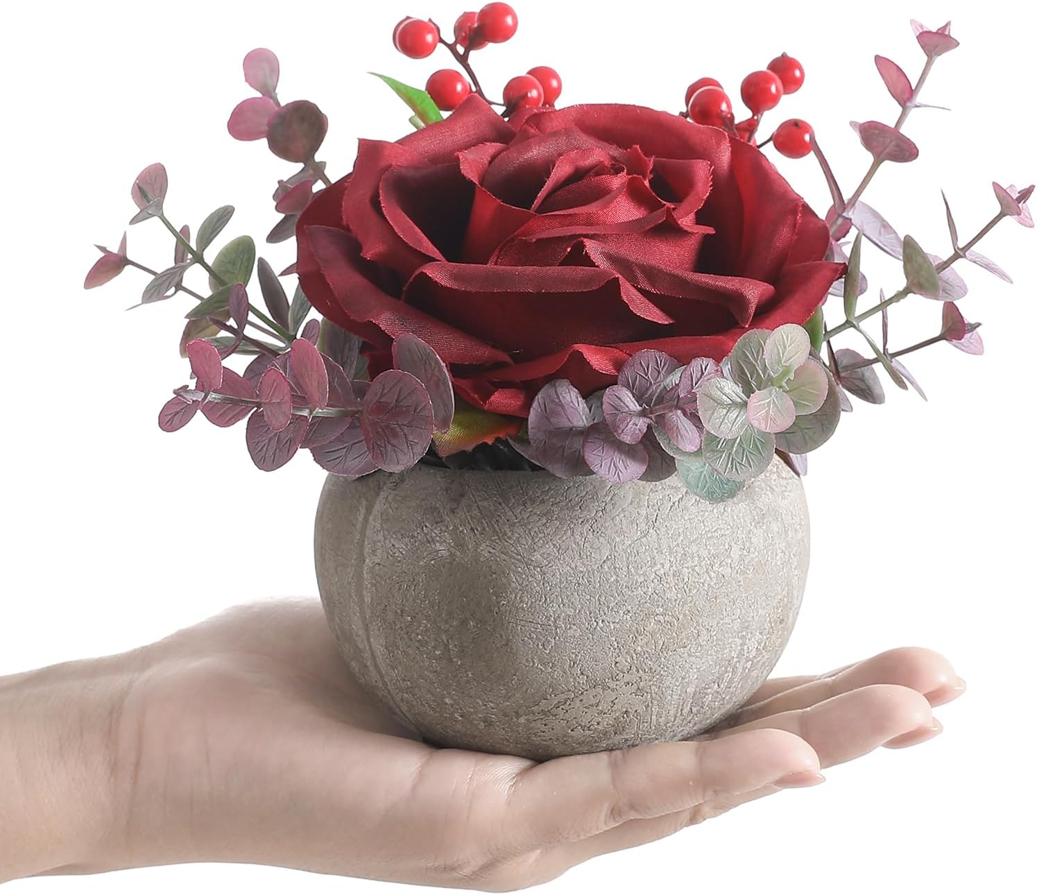 Wenhuidr Artificial Flowers Kit with Pot, Combination of Fake Silk Burgundy Roses and Greenery, Faux Small Plant Potted with Eucalyptus Leaves for Offices Bookshelf Home Room Party Wedding Decorations