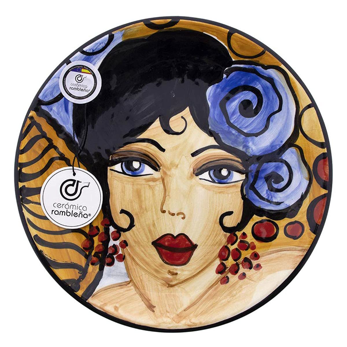 CERÁMICA RAMBLEÑA | Plato Decorativo para Colgar en Pared | Plato de cerámica | Plato Pared Decorado Flamenca Azul - Modelo D14 | Decoración 100% Hecho a Mano | 22x22x2.5 cm