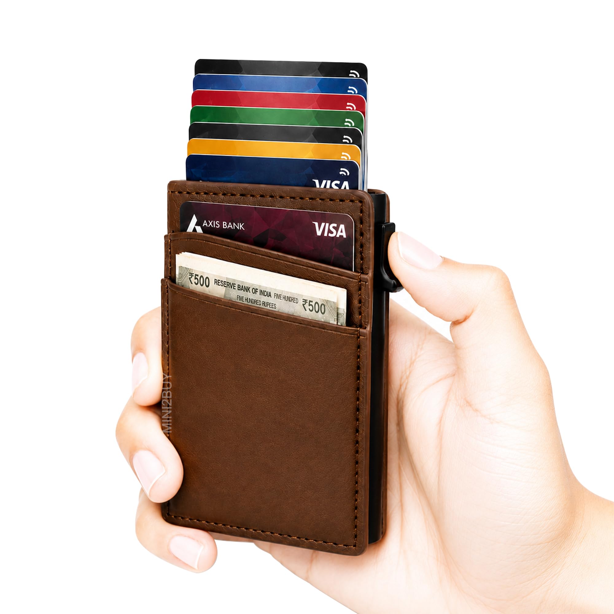 mini2buy engraved your name large pocket pop-up leather wallet for men & women | rfid blocking | slim magnetic bifold wallet with quick access button – holds 14 cards & cash (brown-wallet)