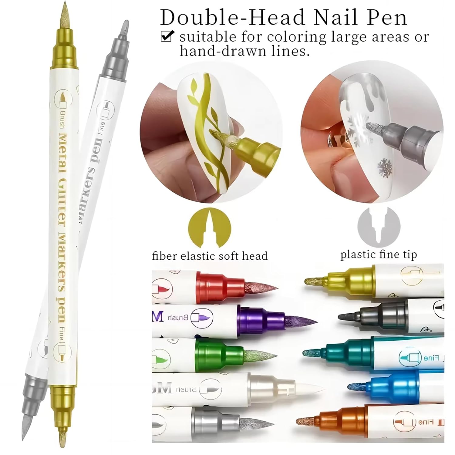 Metallic Nail Art Markers, Fine Tip & Brush Tip Quick-Dry Odorless Nail Polish Pens, Professional & DIY Nail Art Pens for Salon, Manicure, 3D Nail Drawing, Multi-Surface Use, 10 Colors