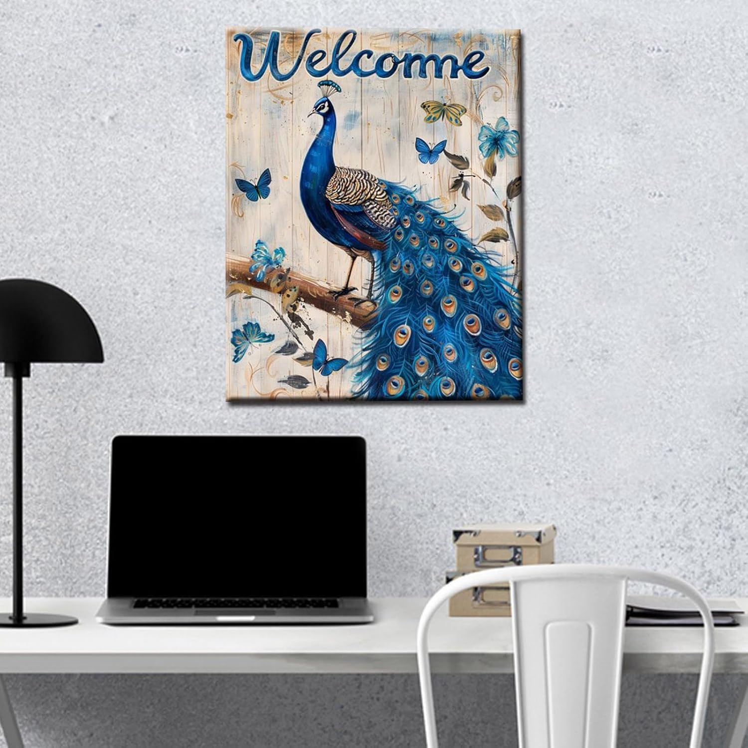 Paint by Numbers Kits 16x20inch Canvas DIY Abstract Animal Blue Peacock Oil Painting for Kids, Students, Adults Beginner with Brushes and Acrylic Pigment-Welcome Sign Wooden Background(DIY Frame)