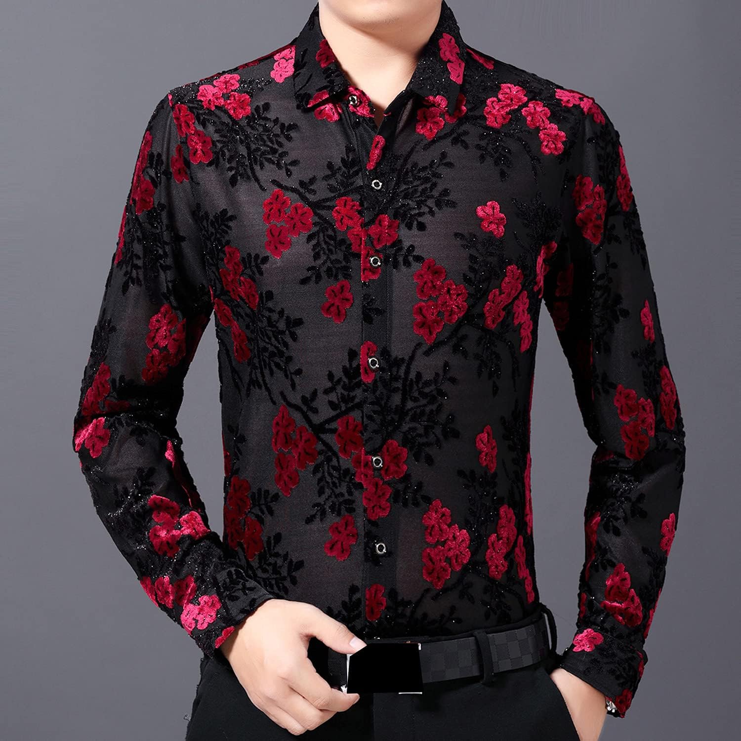 Mens Shirts Long Sleeve Casual See Through Sheer Lace Shirt