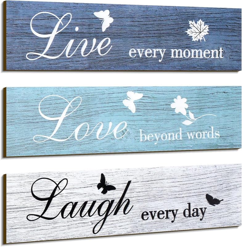 3 Pieces Rustic Wood Sign Wall Decor Live Love and Laugh Quote Sign Farmhouse Wall Mount Decoration for Home Office Wedding Kitchen and Living Room, 12 x 3 x 0.2 Inch (Blue Series), DL035