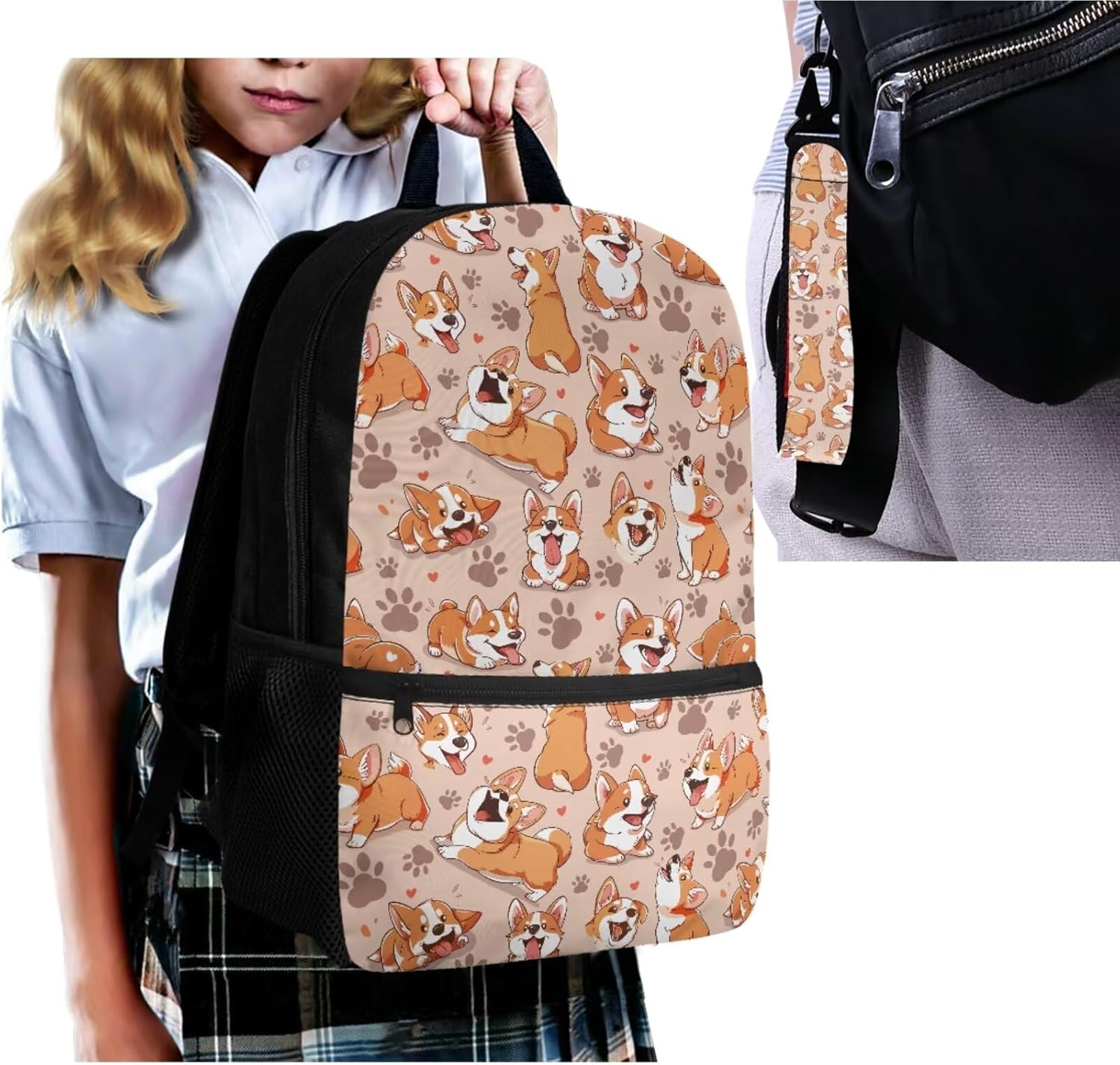 4Pcs Dog Backpack and Lunch Bag Set for Girls Bookbag with Lunch Box Pen Case Keychain,School Backpack Elementary School Bag for Boys 8-12 Kids Bookbag