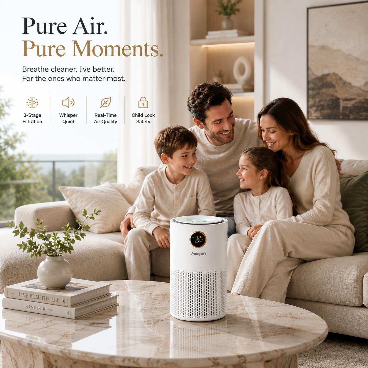 pangaO Air Purifier for Home & Office, 3-in-1, Pre, H13 HEPA, Activated Carbon, Removes 99.99% Pollutants, Allergens, Pet Dander, Smoke, Dust & Pollens - Air touch V1 3