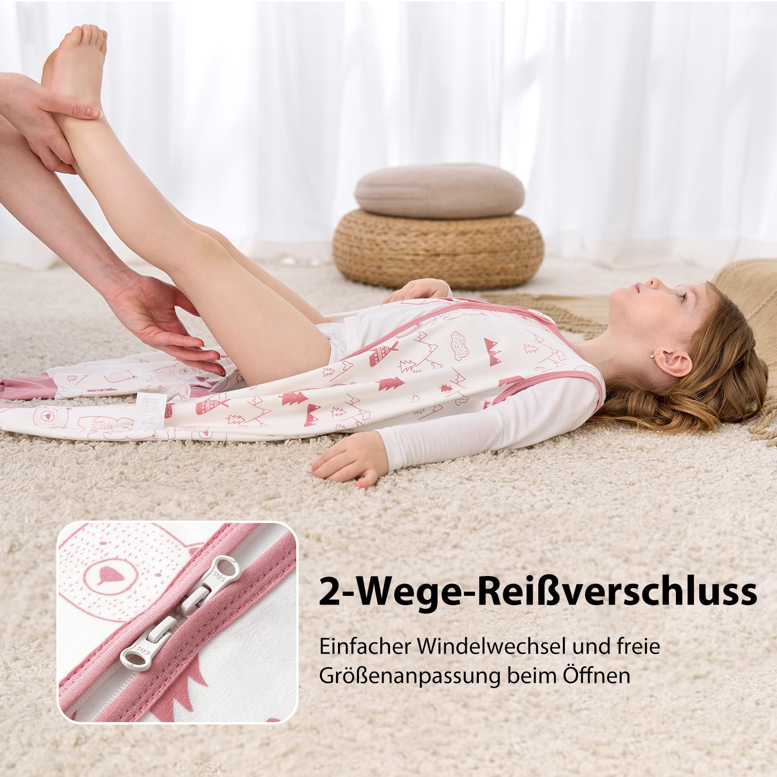 Looxii Pack de 2 Saco de Dormir bebé con Pies 0.5 TOG Algodón sacos de dormir de verano para 6-18 Meses Niños Niñas 70 cm Oso Rosa — view 4