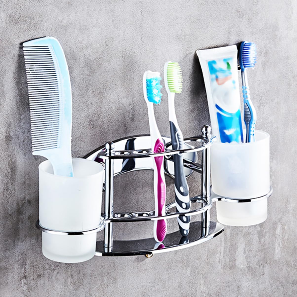 Portacepillos de Dientes Vaso de Acero Inoxidable Doble | Plata, Estilo de Doble Copa, para Baño, Soporte de Pared Vidrio, Ahorro de Espacio