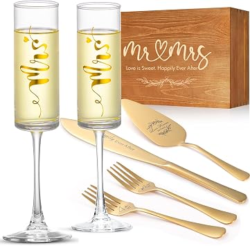 Wedding Cake Cutting Set, Mr and Mrs Champagne Flutes with Wooden Box | Wedding Cake Knife and Server Set, Gold Cake Cutting Set for Wedding Bridal Shower Gifts