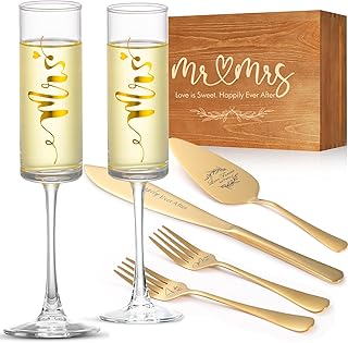 Wedding Cake Knife and Server Set, Mr and Mrs Champagne Flutes Glasses & Forks with Wooden Box, Gold Cake Cutting Set for Wedding Engagement Bridal Shower Gifts