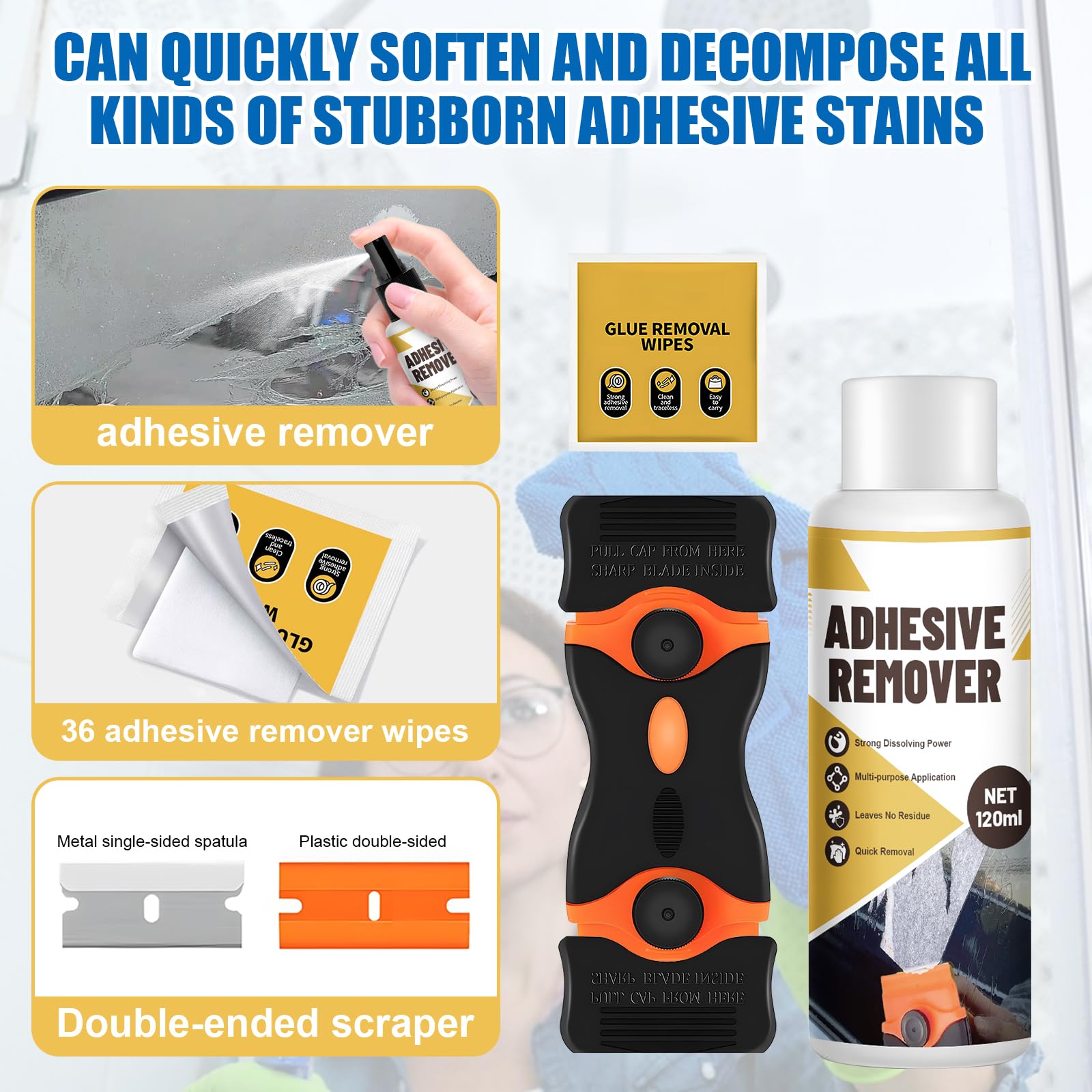 WEILAOK zmywacz kleju, szybkie rozpuszczanie, usuwanie uporczywych etykiet, resztki kleju – 120 ml + chusteczki do usuwania kleju x 36