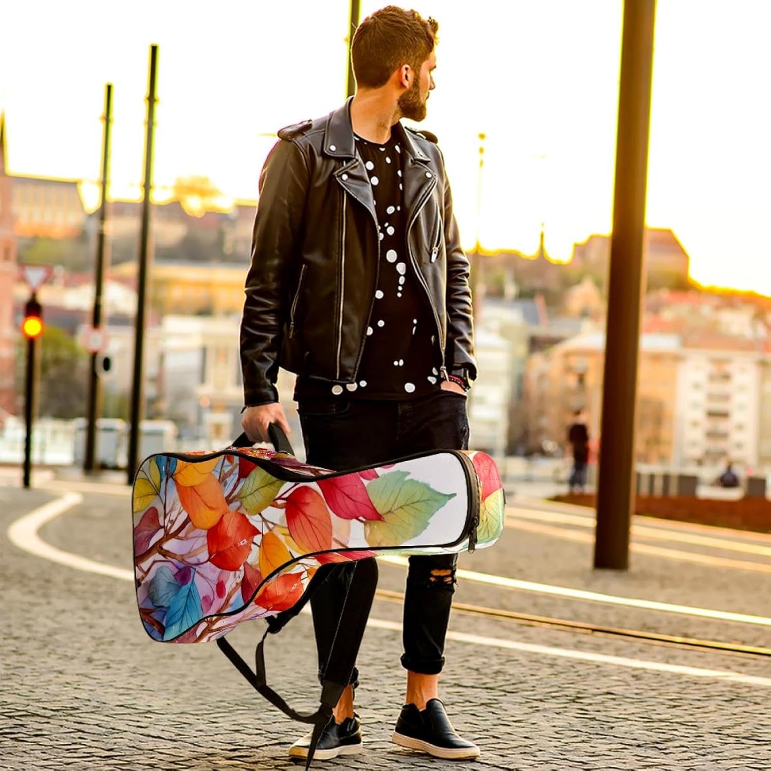 Acoustic Guitar Bag 0.4 Inch Thick Padding Waterproof Guitar Case Gig Bag for 40 41 42 Inch Electric Bass Classical Guitar, Colorful Leaves Watercolor Floral