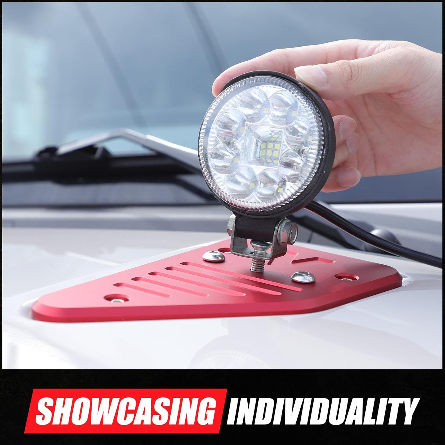 Hood Trim Compatible with INEOS Grenadier 2020-2024 Accessories, Engine Hood Expansion Cover Trim, Expandable Searchlight Bracket, Hood Light Mount Base Holder Replacement Kit, Aluminum Alloy (Red)