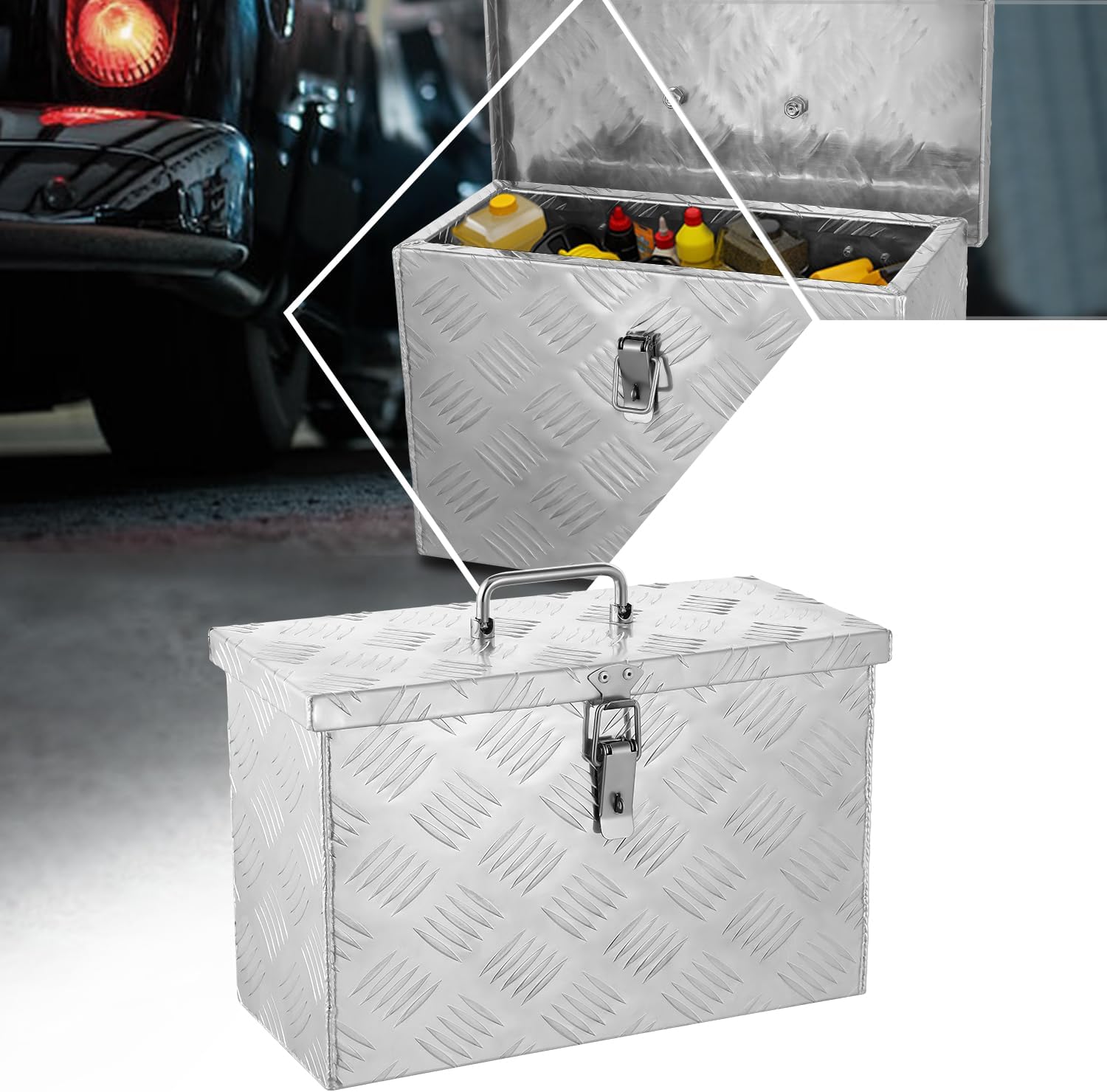 PM PERFORMOTOR Heavy Duty Diamond Plate Tool Box, Waterproof Square Truck Storage Organizer Chest, with Fixed Top Handle, Latch with Hole, 15.9'W x 7.5"D x 10.2"H, Silver