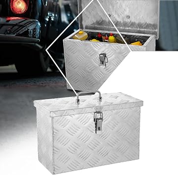 PM PERFORMOTOR Heavy Duty Diamond Plate Tool Box, Waterproof Square Truck Storage Organizer Chest, with Fixed Top Handle, Latch with Hole, 15.9W x 7.5"D x 10.2"H, Silver