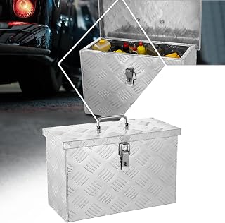 PM PERFORMOTOR Heavy Duty Diamond Plate Tool Box, Waterproof Square Truck Storage Organizer Chest, with Fixed Top Handle, Latch with Hole, 15.9'W x 7.5"D x 10.2"H, Silver