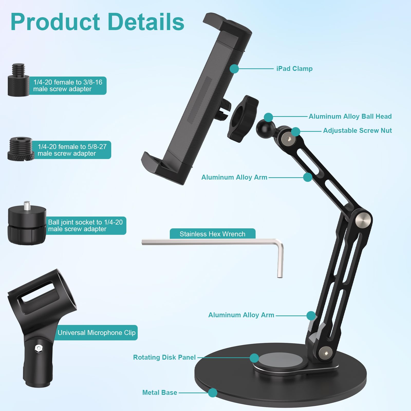 Supporto da scrivania per iPad, supporto per tablet con rotazione a 360°, base in metallo, morsetto per iPad, compatibile con iPad Pro, Surface Pro, monitor portatile, iPhone, adattatore a vite per