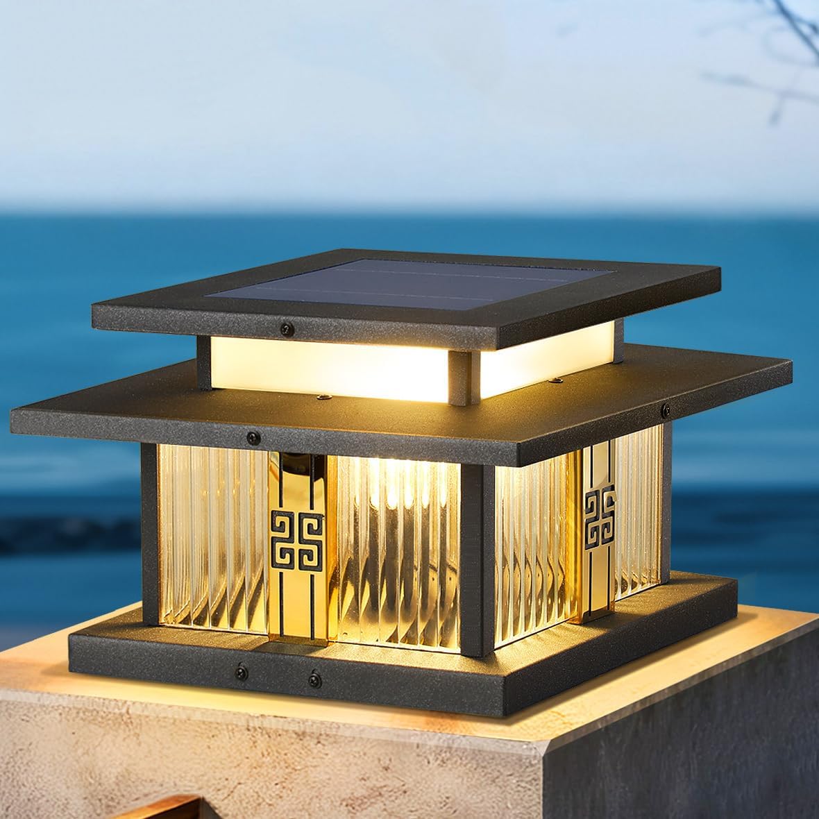 MADISH Solar Post Cap Light, Traditional Double Eave Outdoor Pillar Lamp, IP65 Waterproof Dusk To Dawn LED Fence Post Light, Glass Shade,Warm White For Patio,Garden,Driveway,Fits Wooden & Concrete Pos
