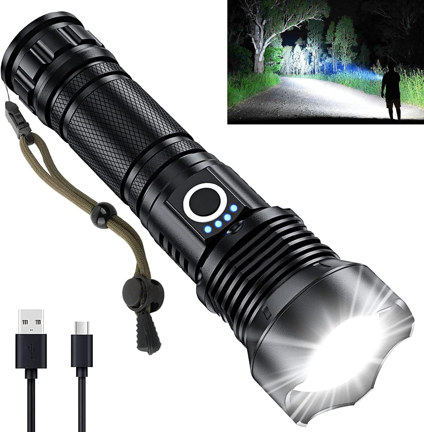 Flashlights High Lumens Tactical, Rechargeable Torch, 200000 Lumens Torches Led Super Bright, IPX45 Waterproof, 5 Modes Led Torch for Camping, Emergency, Outdoor, Home