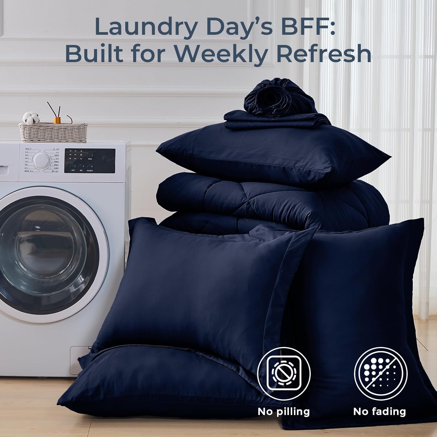 HEVUMYI Navy Blue Queen Comforter Set - 7-Piece All Season Bed in a Bag Queen, Ultra Soft Bedding Set with Comforter, Flat Sheet, Fitted Sheet, Pillowcases, Pillow Shams, Navy Blue - Image 7